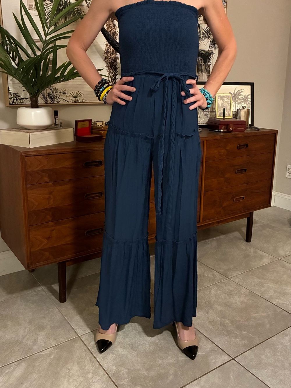 Vici Navy Strapless Wide-Leg Jumpsuit with Tie Waist